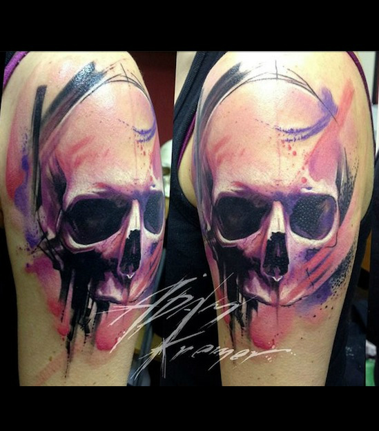 Purple Scull Aquarelle tattoo by Adam Kremer