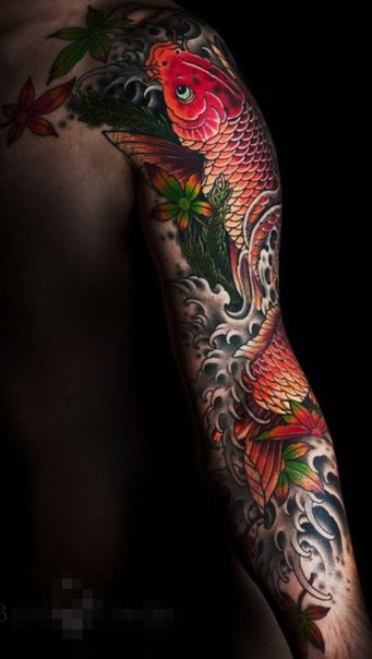 Realistic Carp and Wawes tattoo sleeve