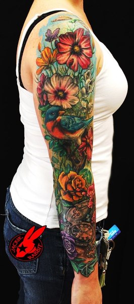 Realistic Flowers Bird and Clock tattoo sleeve