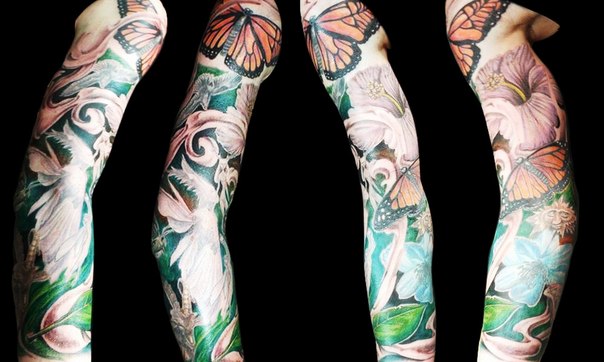 Realistic Flowers and Red Wing Butterfly tattoo sleeve