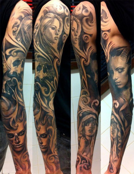 Realistic Scull and Girls tattoo sleeve