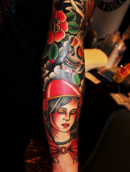 Red Hood Death Scull tattoo sleeve