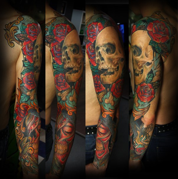 Red Sleeping Scull and Real Scull tattoo sleeve