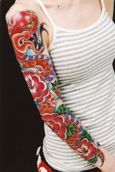 Red Snake Roses tattoo sleeve