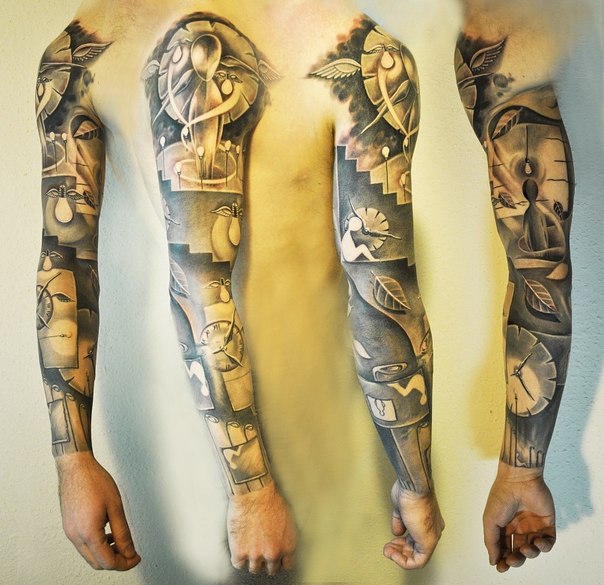 Sad Life Graphic tattoo sleeve by Dmitri Katsan