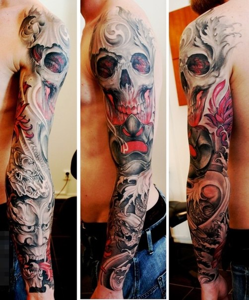 Scull Behind Mask Dragon tattoo sleeve