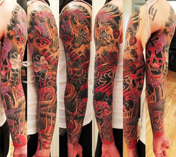 Scull and Tiger Red and Black tattoo sleeve