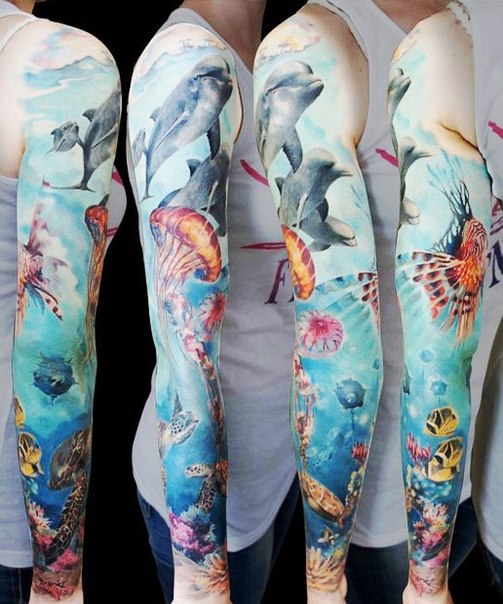 Sea World Dolphines tattoo sleeve