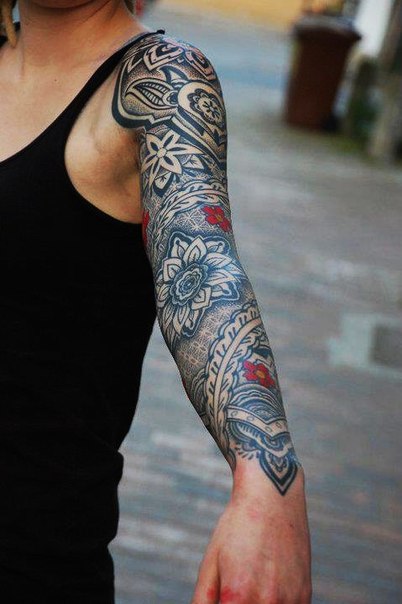 Several Flowers Dotwork tattoo sleeve