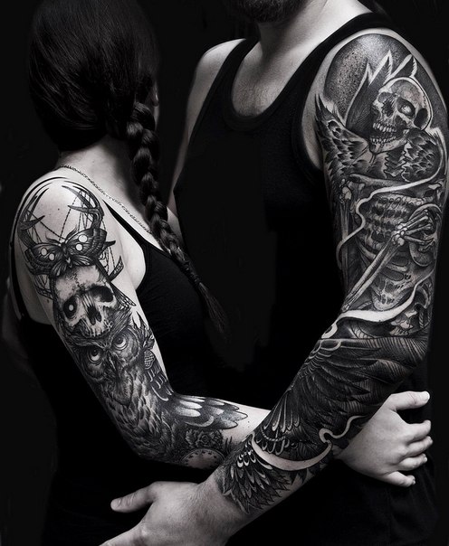 Skeletons and Owl Couple tattoo sleeves