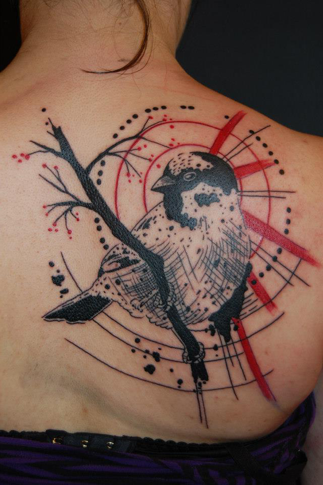 Sparrow on a Brunch Trash Polka tattoo