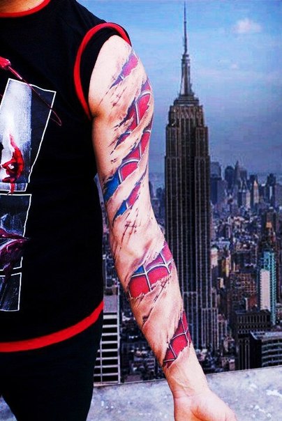 Spiderman Suit Under Skin tattoo sleeve