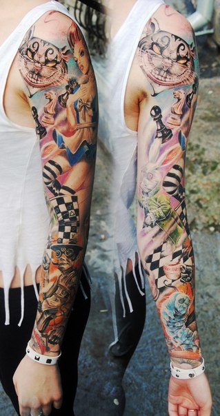 Stylish Alice in Wonderland tattoo sleeve