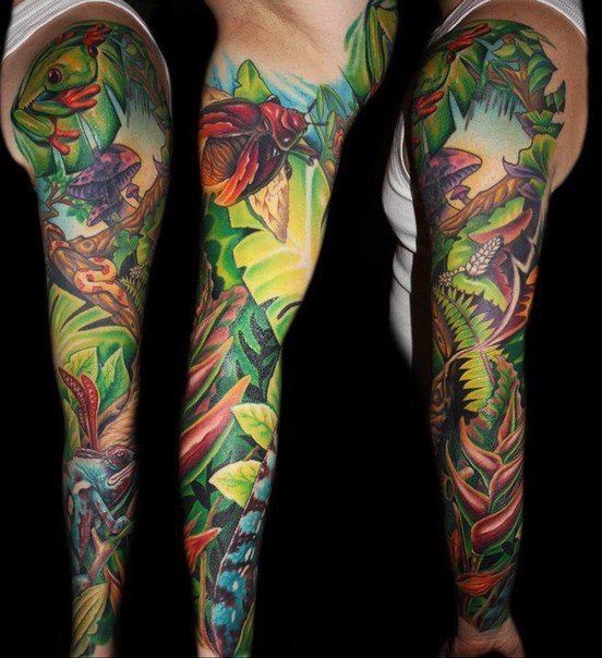 Wild Bugs and Amphibians tattoo sleeve