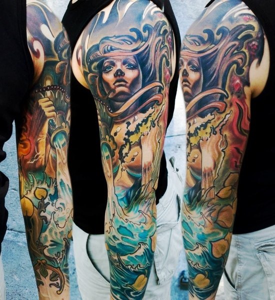 Wind in Hair Sea Storm tattoo sleeve