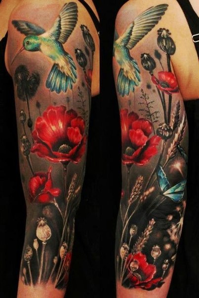 Night Colibri above Poppy tattoo sleeve