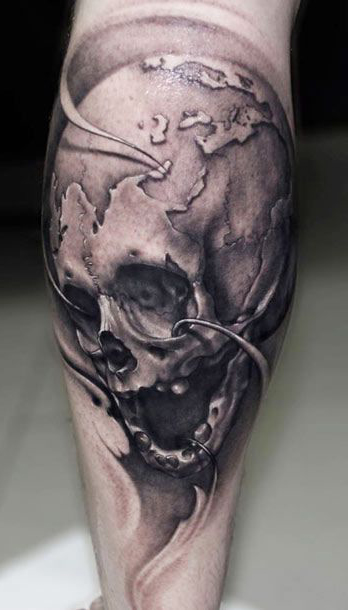 Realistic Planet Imitation Scull tattoo