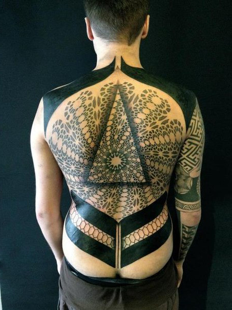 3D Dotwork Triangle and Blackwork Back tattoo