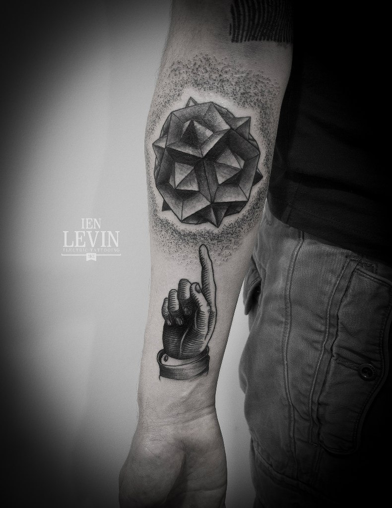 Abstract Pointing Finger Dotwork tattoo by Ien Levin