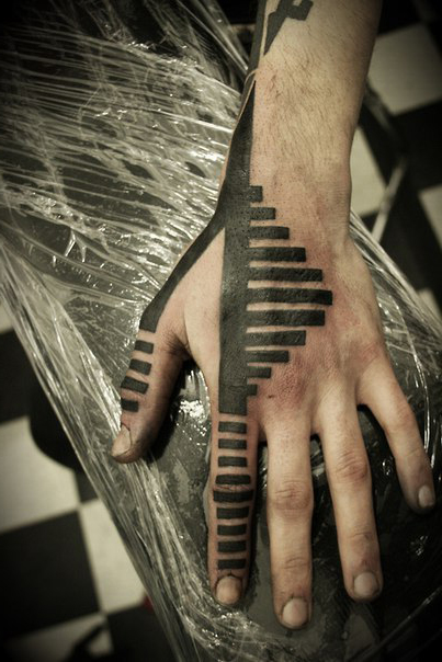 Along Fingers Small Rectangles Blackwork tattoo