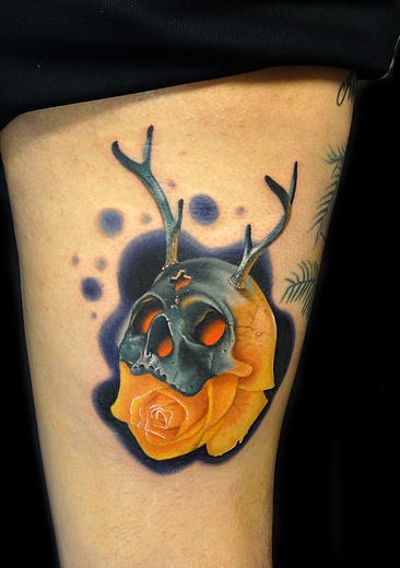 Antlers Skull Rose tattoo by Andres Acosta