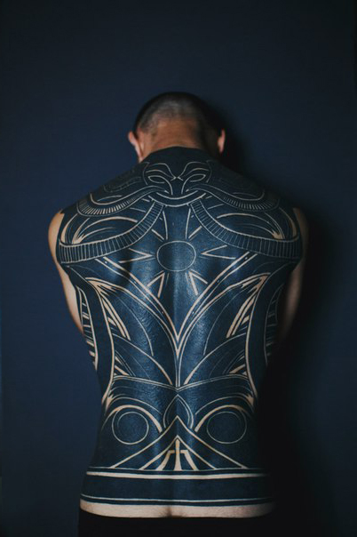 Awesome White Drawing Blackwork tattoo on Back