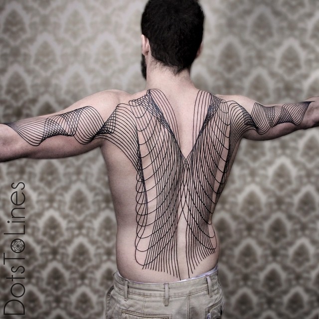 Back and Arms Wave Lines Blackwork tattoo