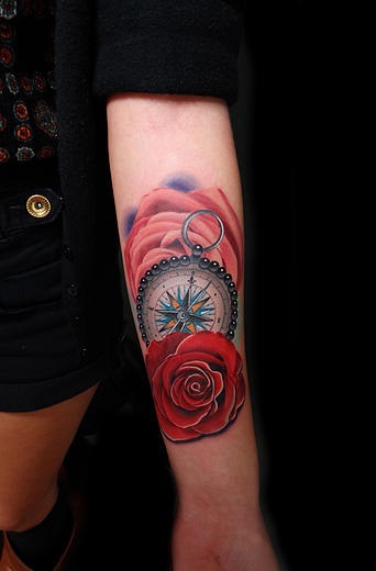 Beads Compass and Roses tattoo by Andres Acosta