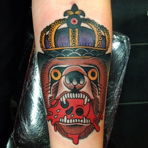 Bear King Old School tattoo by Nick Baldwin