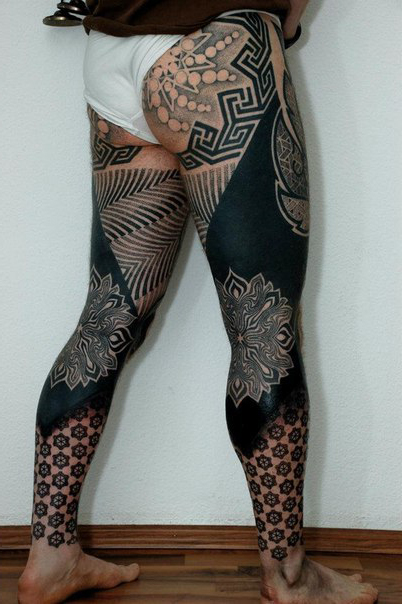 Big and Small Mandala Blackwork tattoo on Legs