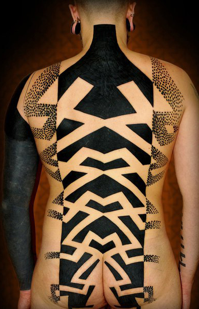 Black Parts and Big Dots Full Back Blackwork tattoo