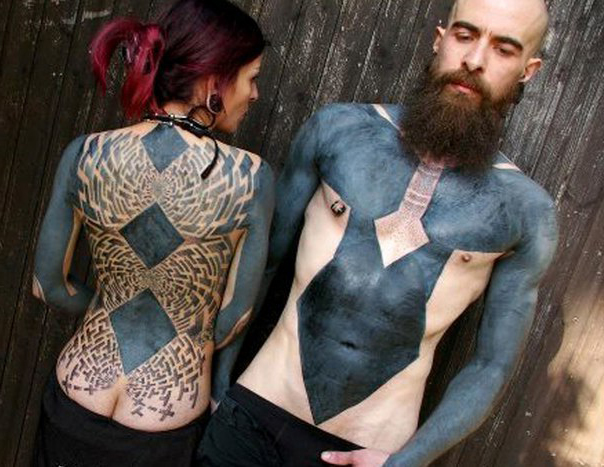 Black Sleeves and Rhombuses Back Blackwork tattoo