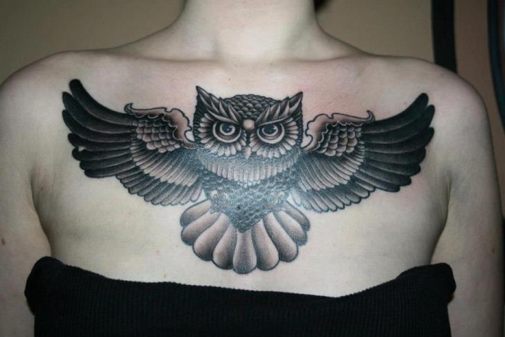 Blackwork Owl tattoo on Chest