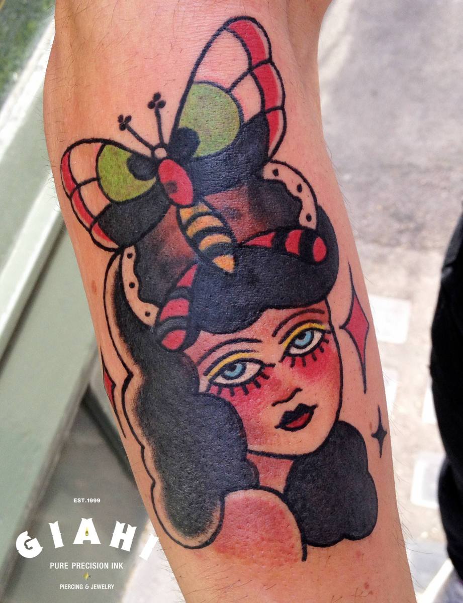 Butterfly Head Girl Old School tattoo by Elda Bernardes