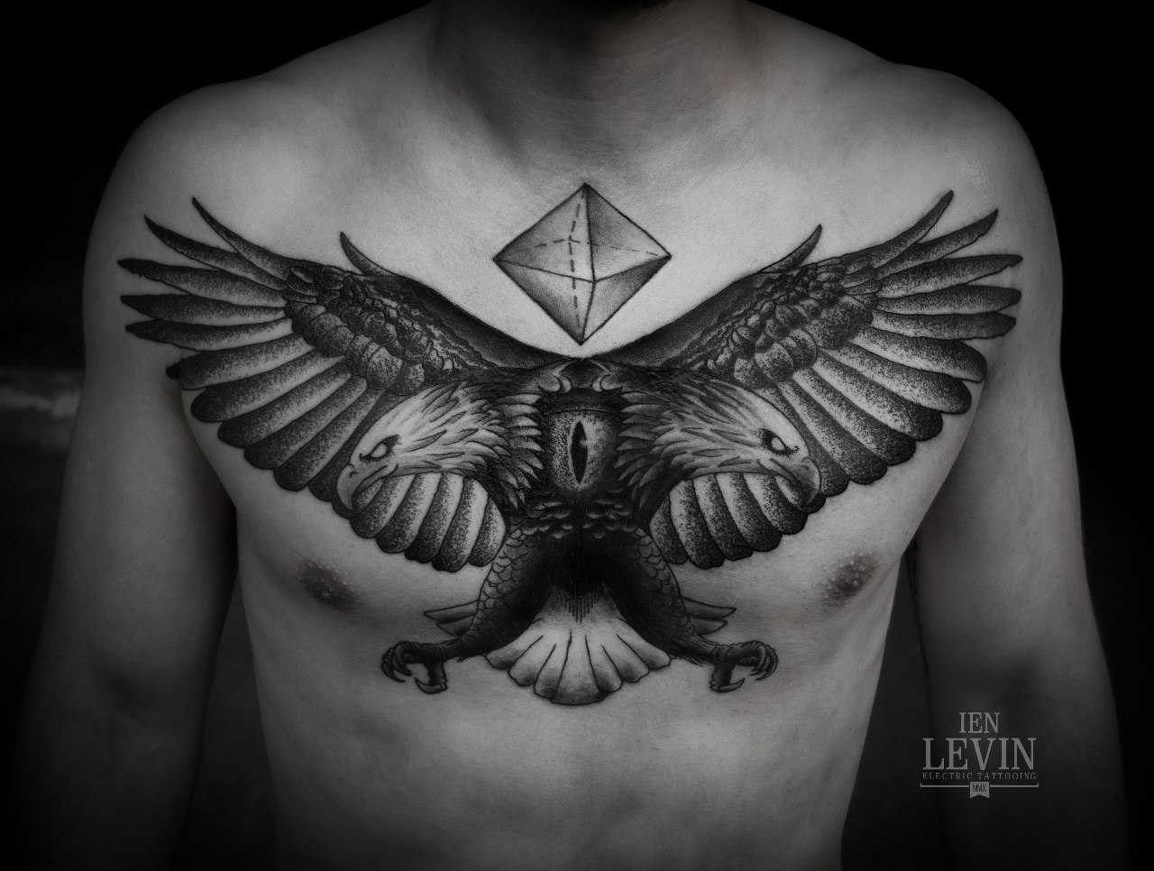 Cat Eye Twin Head Eagle Dotwork tattoo by Ien Levin