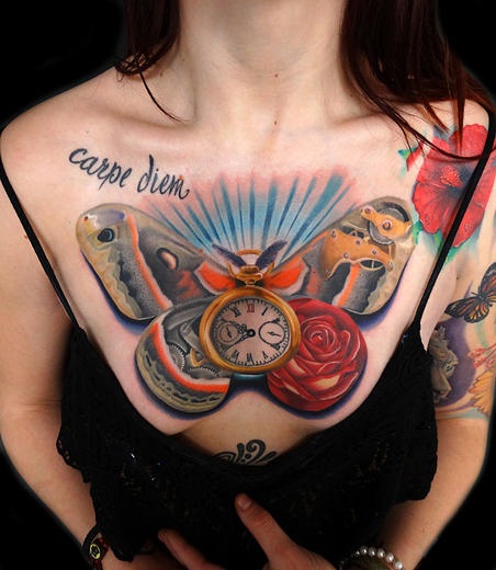 Chest Piece Clock Rose and Moth tattoo by Andres Acosta