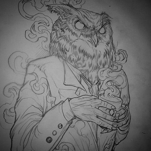 Coffee Drinking Owl tattoo idea by Robert Borbas