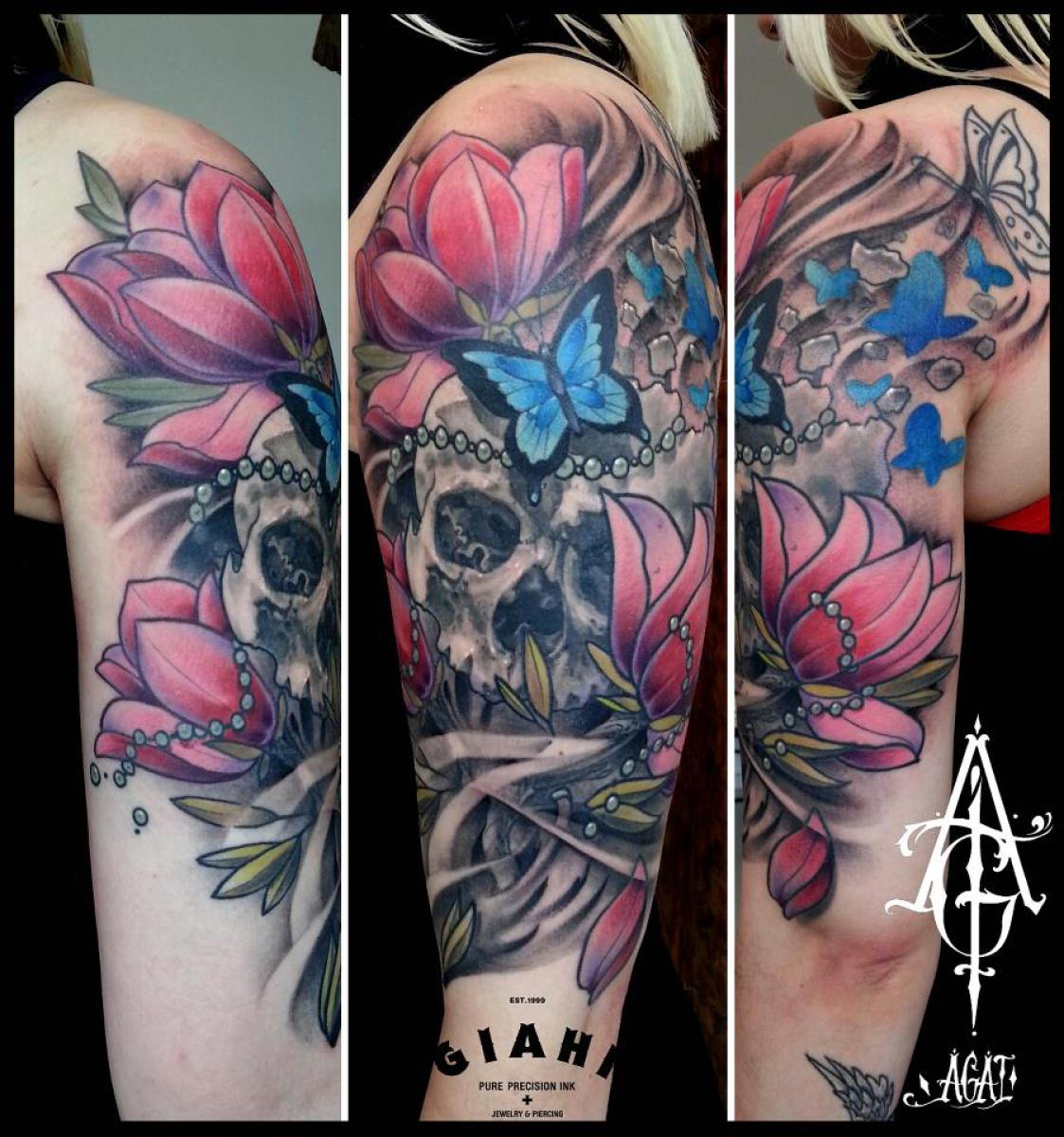 Cracked Butterfly Flowers Skull tattoo by Agat Artemji