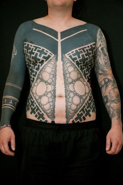 Crosses and Bubbles on Belly Runes Blackwork tattoo sleeve