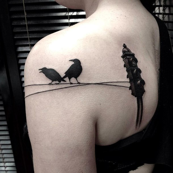 Crows on Trafic Light Wires Blackwork tattoo