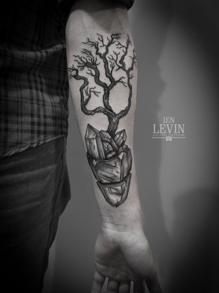 Crystal Roots Tree Dotwork tattoo by Ien Levin