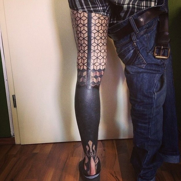 Cubes and Full Black Blackwork tattoo on Leg