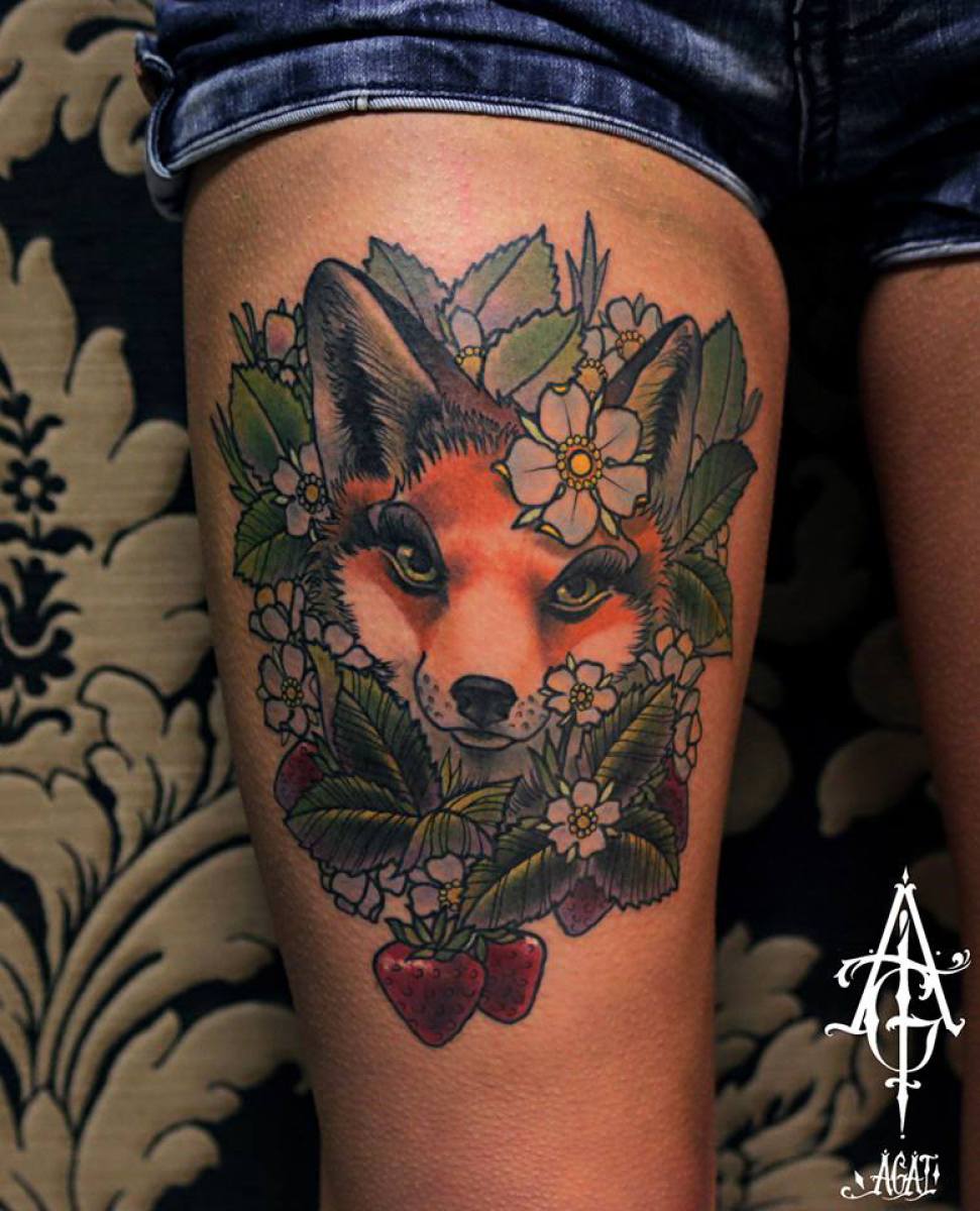 Cute Strawberry Fox tattoo by Agat Artemji