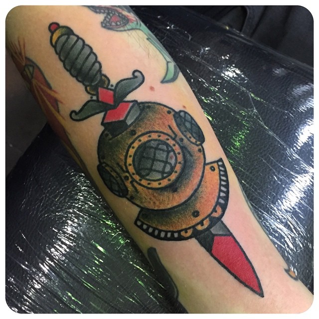 Dagger Stabbed Aqualung Helmet Old School tattoo by Juan DeGonell