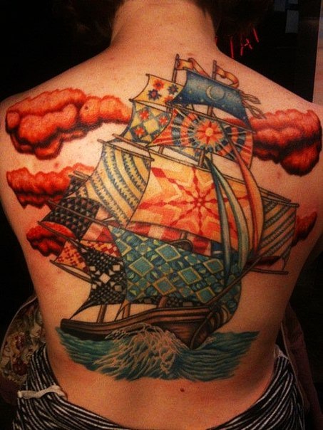 Different Sails Ship Nautical tattoo on Back