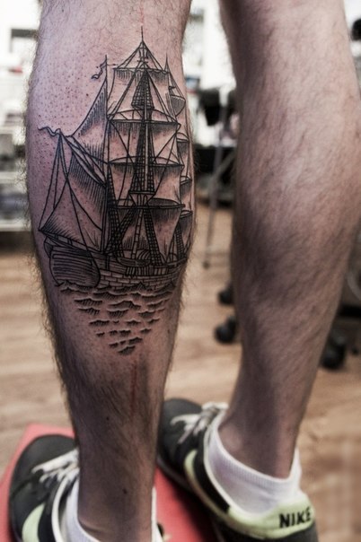 Etching Sailing Ship Nautical tattoo on Leg