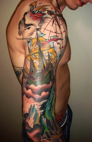 Forest and Ship in Clouds Nautical tattoo