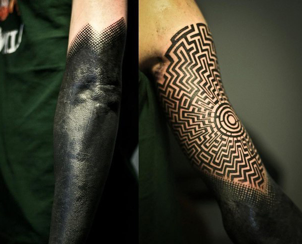 Gradient and Labirynth Blackwork tattoos