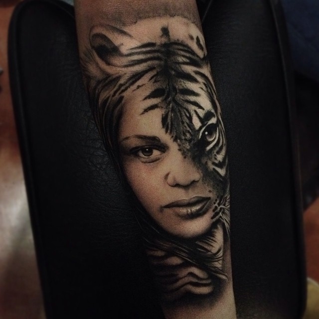 Graphic Real Half Tiger Woman tattoo by Alex Bruz