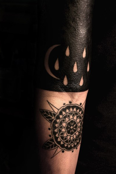 Mandala Flower and Moon Rain Blackwork tattoo